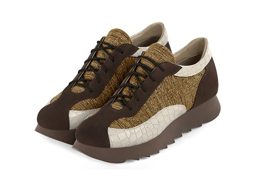 Dark brown, mustard yellow and off white women's three-tone elegant sneakers. Round toe. Low rubber soles. Front view - Florence KOOIJMAN